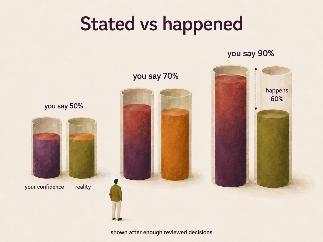 The chart compares stated confidence with how often predictions came true: if ten predictions were rated at 90% and six came true, the actual frequency is 60%.