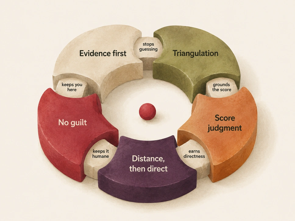 Five elements form a closed ring: a source for every conclusion, multiple-source comparison, predictions checked against outcomes, an outside view followed by a concrete action, and user autonomy.