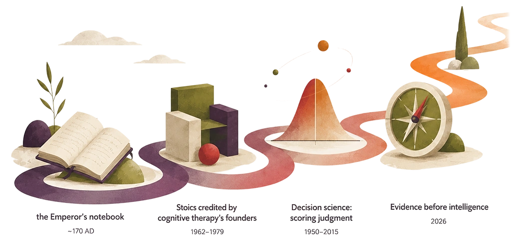 A timeline of the method: from Marcus Aurelius’s Meditations around AD 170, through the Stoic roots of cognitive therapy and twentieth- and twenty-first-century decision research, to the Avrelius method in 2026.
