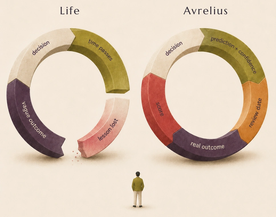 Two decision cycles: in ordinary life, the link between a decision and its consequences breaks; in the Avrelius cycle, the decision connects to a prediction, stated confidence, a review date, the actual outcome, and the conclusion drawn afterward.