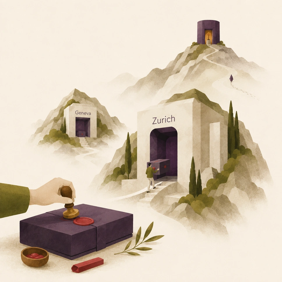 A record is sealed with wax before it is carried into the vault at Zurich and copied to a second vault at Geneva; the key waits alone in a tower on the ridge above.