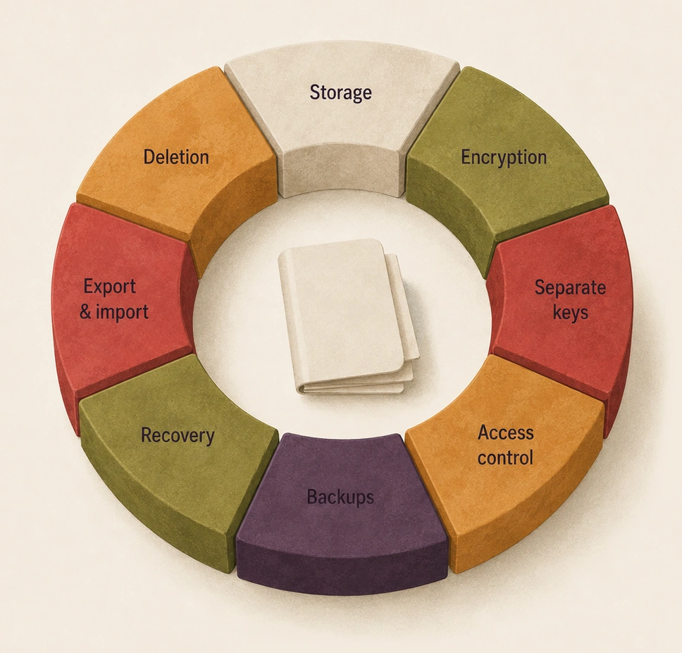 Eight parts of one system form a ring around a personal notebook: storage, encryption, separate keys, access control, backups, recovery, export and import, deletion.